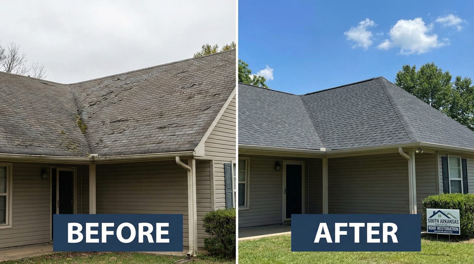 Before and after storm damage roof restoration in El Dorado, AR