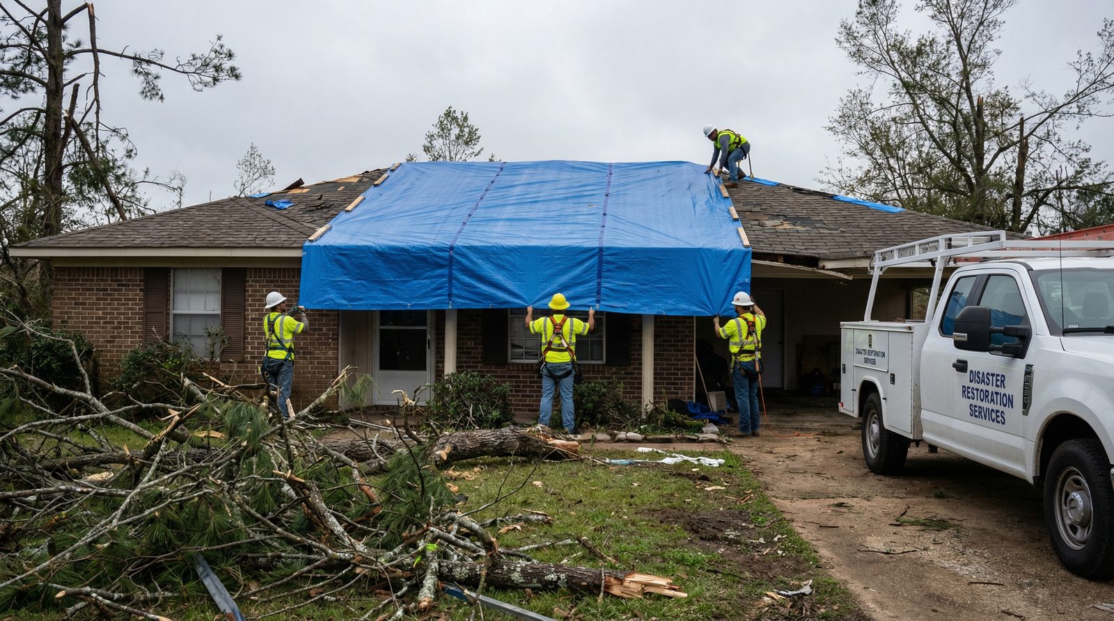 South Arkansas Storm Restoration crew working on a storm-damaged roof in El Dorado, AR